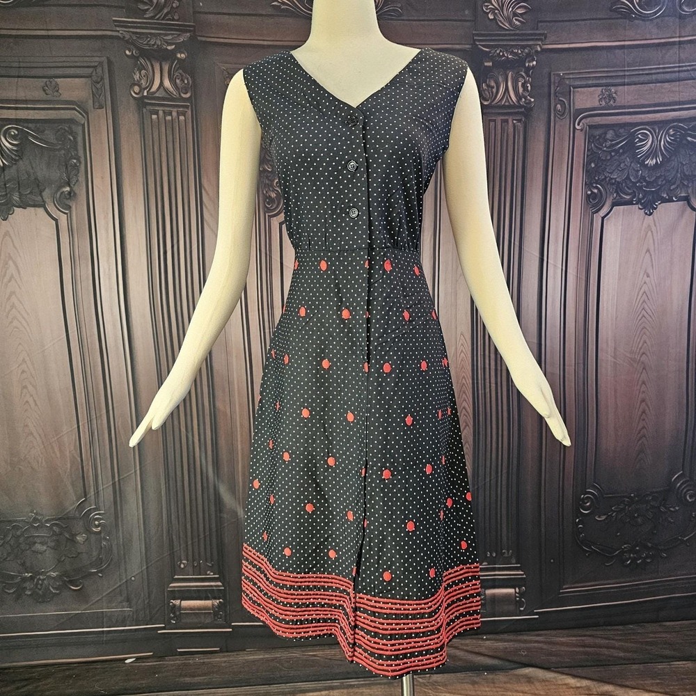 Vintage 1960's Dress Black Red White Polka Dot Short Sleeve Retro Secretary